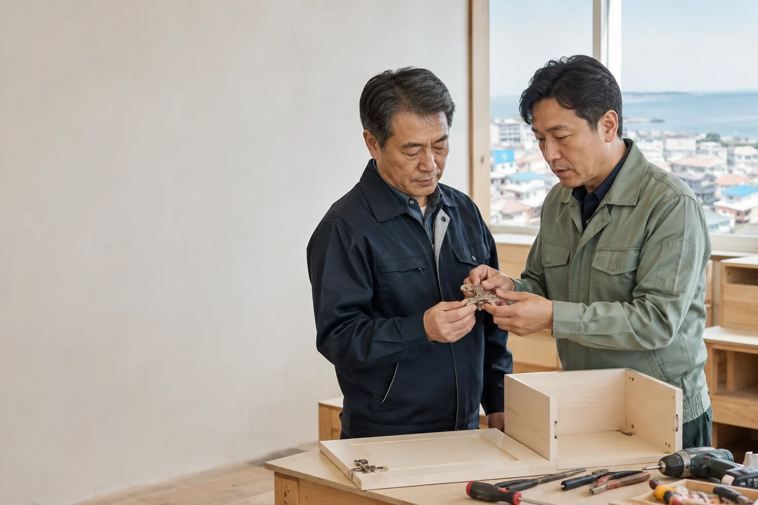 집수리 공구와 경첩을 함께 살펴보는 교육 장면의 AI 이미지