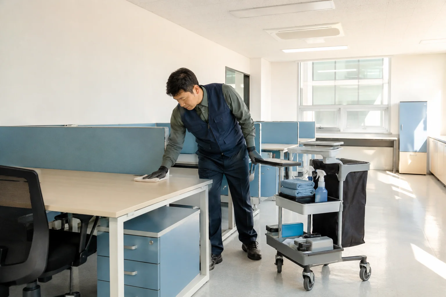 사무 공간의 책상과 바닥 관리를 표현한 공용 AI 예시 이미지